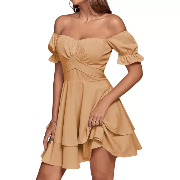 LYANER Women's Tie Back Off Shoulder Wrap Layer Ruffle Short Sleeve Mini Dress