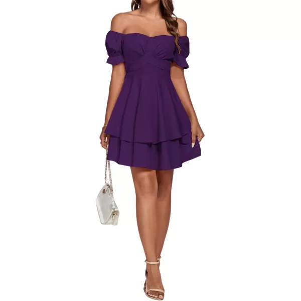 LYANER Women's Tie Back Off Shoulder Wrap Layer Ruffle Short Sleeve Mini Dress