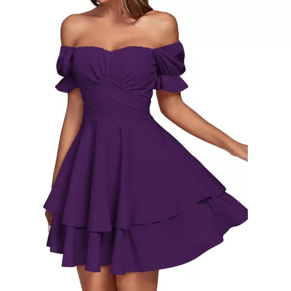 LYANER Women's Tie Back Off Shoulder Wrap Layer Ruffle Short Sleeve Mini Dress