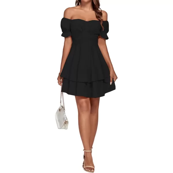 LYANER Women's Tie Back Off Shoulder Wrap Layer Ruffle Short Sleeve Mini Dress