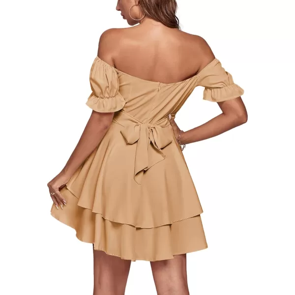 LYANER Women's Tie Back Off Shoulder Wrap Layer Ruffle Short Sleeve Mini Dress