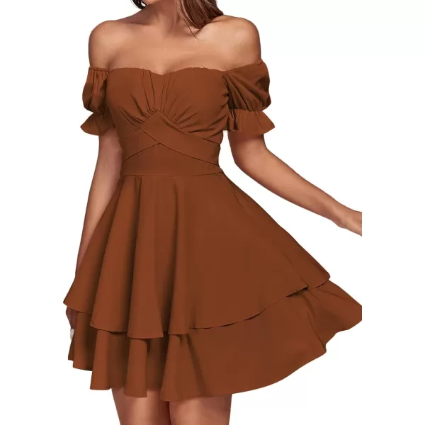 LYANER Women's Tie Back Off Shoulder Wrap Layer Ruffle Short Sleeve Mini Dress