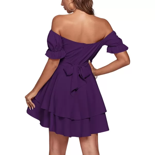 LYANER Women's Tie Back Off Shoulder Wrap Layer Ruffle Short Sleeve Mini Dress
