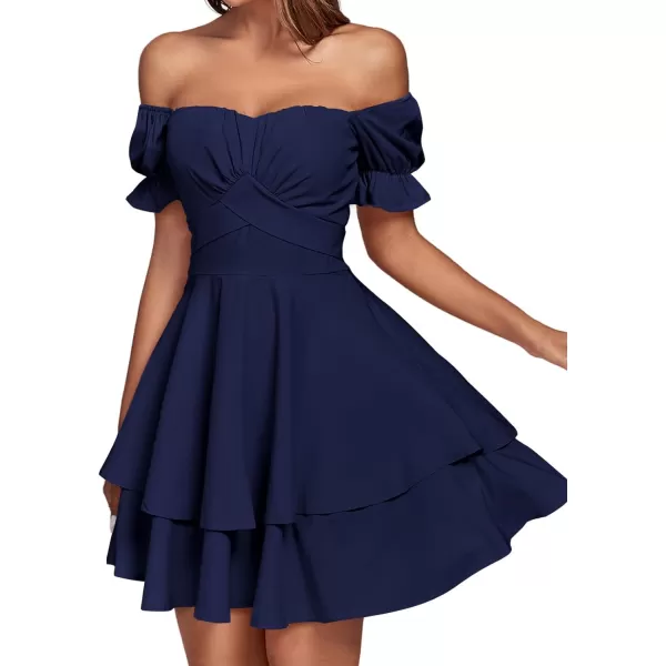 LYANER Women's Tie Back Off Shoulder Wrap Layer Ruffle Short Sleeve Mini Dress