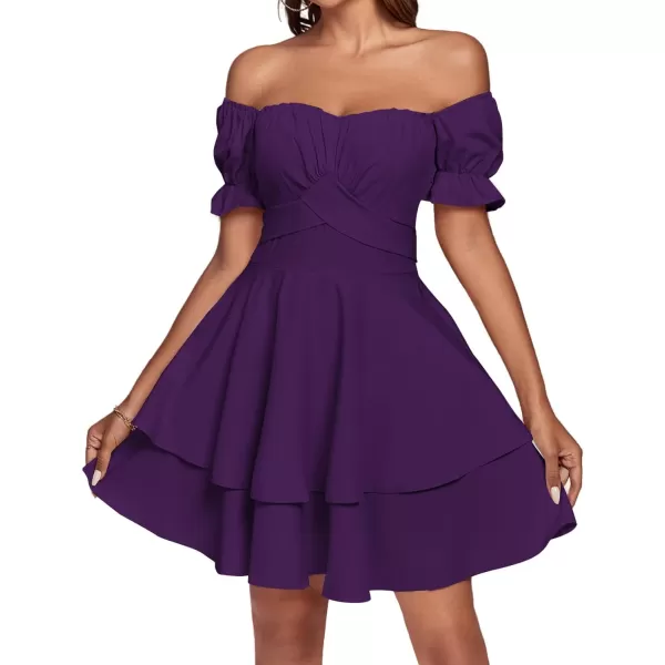 LYANER Women's Tie Back Off Shoulder Wrap Layer Ruffle Short Sleeve Mini Dress