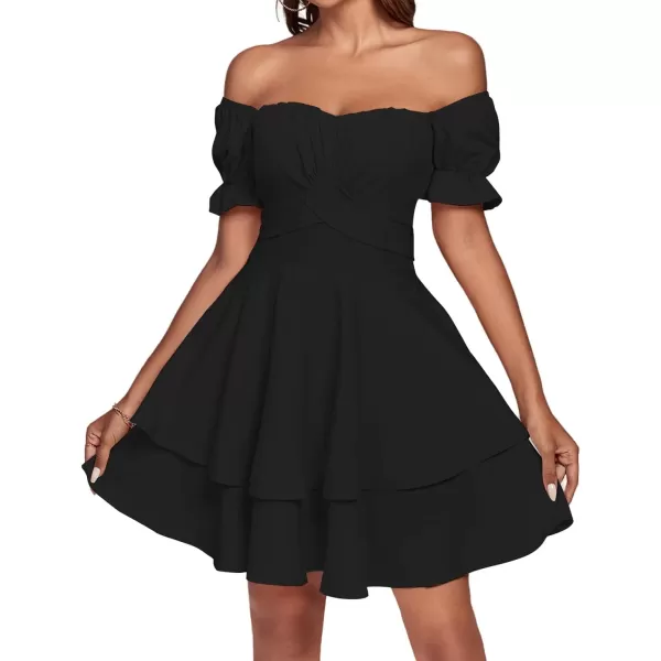 LYANER Women's Tie Back Off Shoulder Wrap Layer Ruffle Short Sleeve Mini Dress