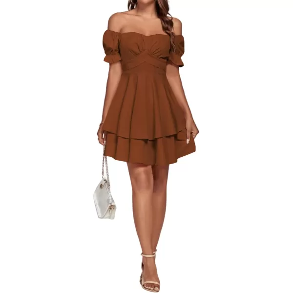 LYANER Women's Tie Back Off Shoulder Wrap Layer Ruffle Short Sleeve Mini Dress