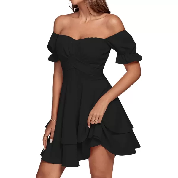 LYANER Women's Tie Back Off Shoulder Wrap Layer Ruffle Short Sleeve Mini Dress