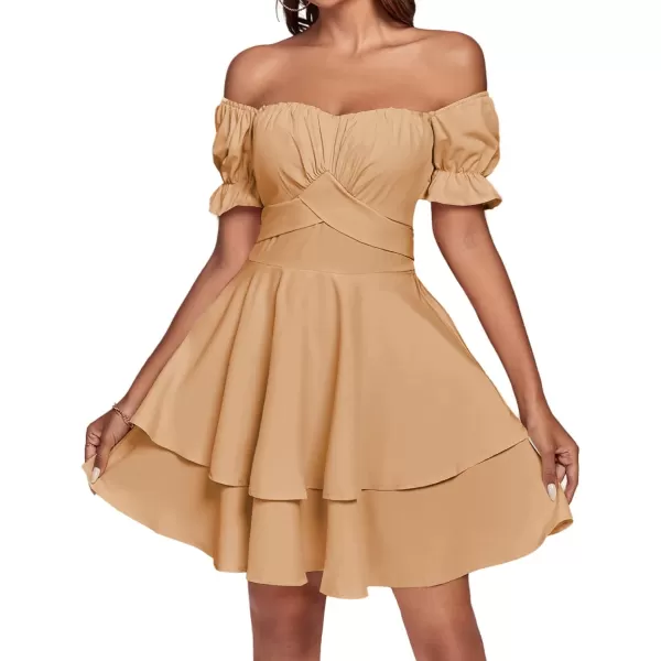 LYANER Women's Tie Back Off Shoulder Wrap Layer Ruffle Short Sleeve Mini Dress