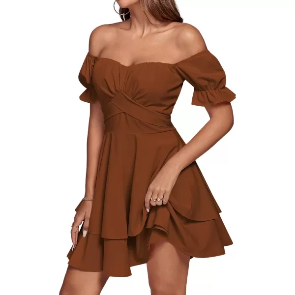 LYANER Women's Tie Back Off Shoulder Wrap Layer Ruffle Short Sleeve Mini Dress