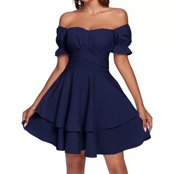 LYANER Women's Tie Back Off Shoulder Wrap Layer Ruffle Short Sleeve Mini Dress
