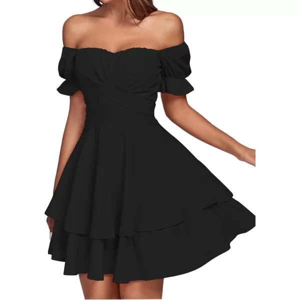 LYANER Women's Tie Back Off Shoulder Wrap Layer Ruffle Short Sleeve Mini Dress