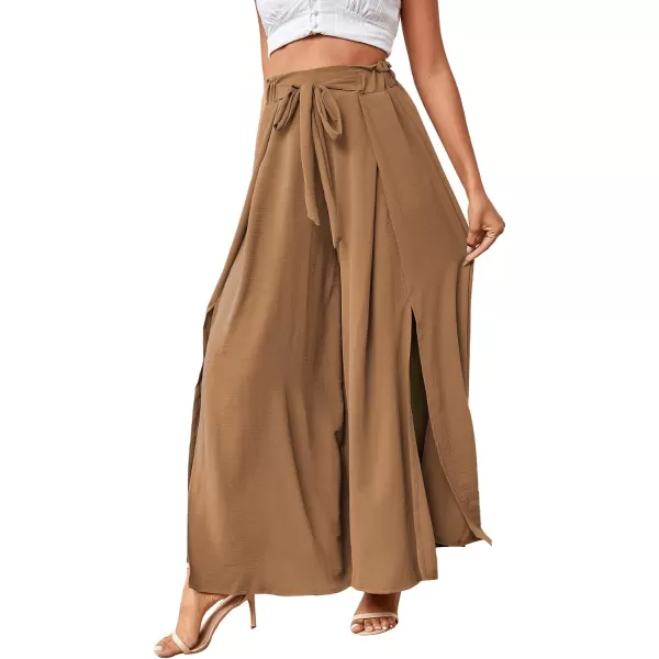 LYANER Women's Tie Front High Waist Side Split Slit Flowy Wide Leg Pleated Pant with Belt