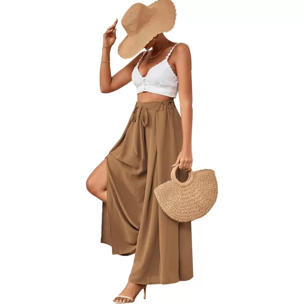 LYANER Women's Tie Front High Waist Side Split Slit Flowy Wide Leg Pleated Pant with Belt