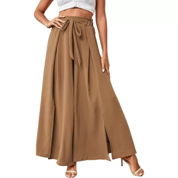 LYANER Women's Tie Front High Waist Side Split Slit Flowy Wide Leg Pleated Pant with Belt