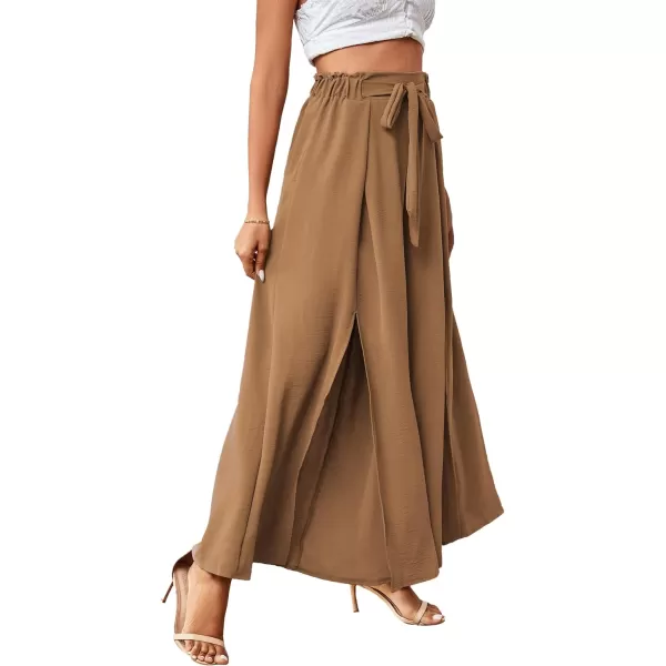 LYANER Women's Tie Front High Waist Side Split Slit Flowy Wide Leg Pleated Pant with Belt