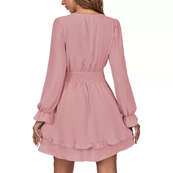 LYANER Women's Tie Front Plunge V Neck Ruffle Layer Long Sleeve Sexy Mini Dress