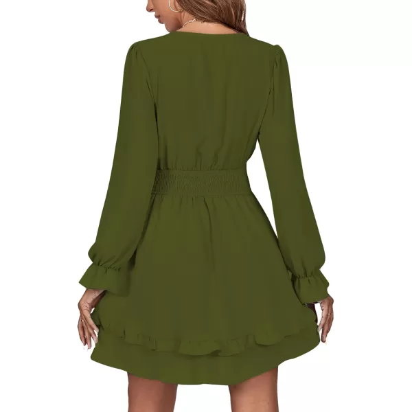 LYANER Women's Tie Front Plunge V Neck Ruffle Layer Long Sleeve Sexy Mini Dress