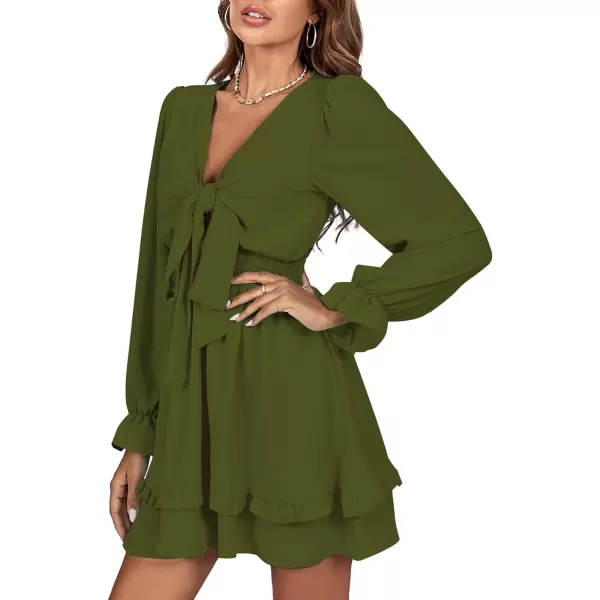 LYANER Women's Tie Front Plunge V Neck Ruffle Layer Long Sleeve Sexy Mini Dress