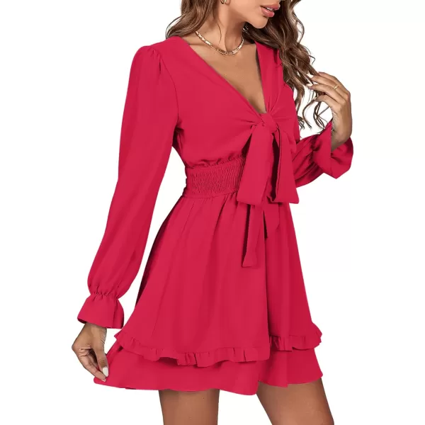 LYANER Women's Tie Front Plunge V Neck Ruffle Layer Long Sleeve Sexy Mini Dress