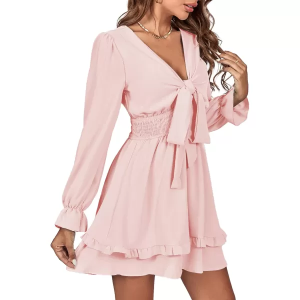 LYANER Women's Tie Front Plunge V Neck Ruffle Layer Long Sleeve Sexy Mini Dress