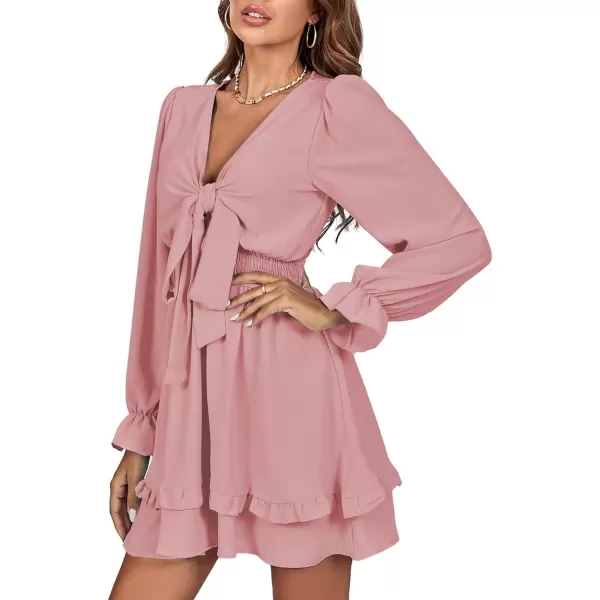 LYANER Women's Tie Front Plunge V Neck Ruffle Layer Long Sleeve Sexy Mini Dress