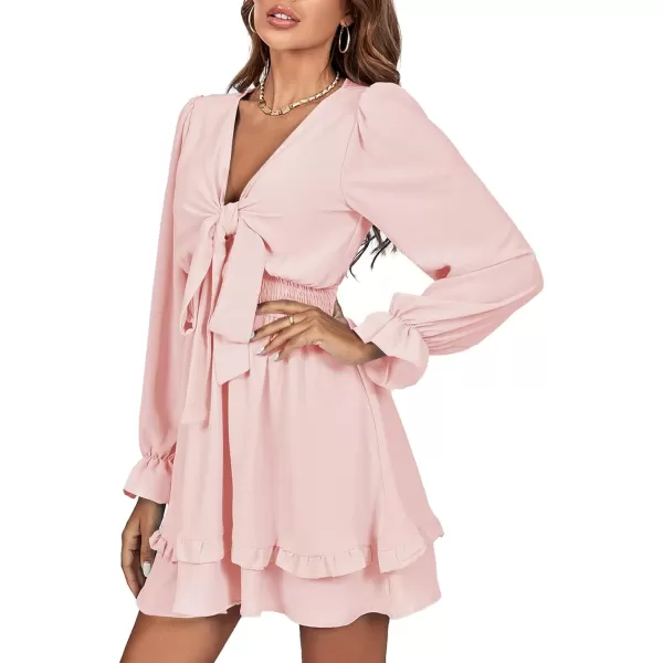 LYANER Women's Tie Front Plunge V Neck Ruffle Layer Long Sleeve Sexy Mini Dress