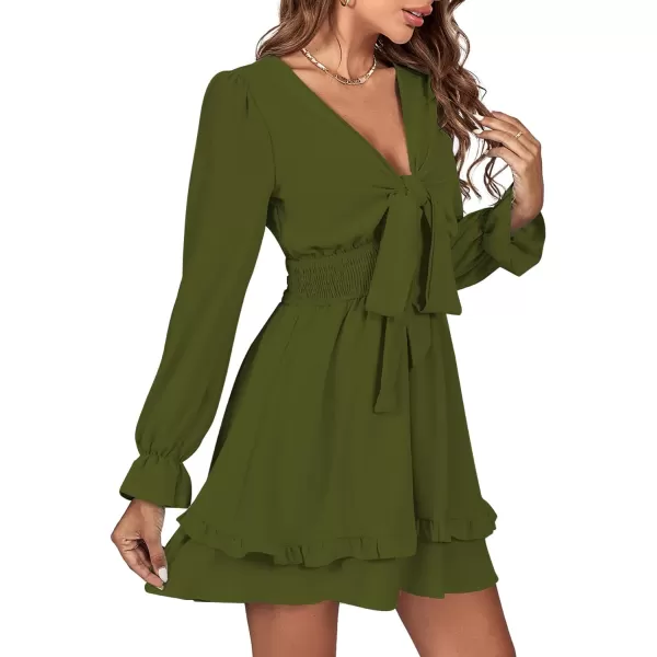 LYANER Women's Tie Front Plunge V Neck Ruffle Layer Long Sleeve Sexy Mini Dress