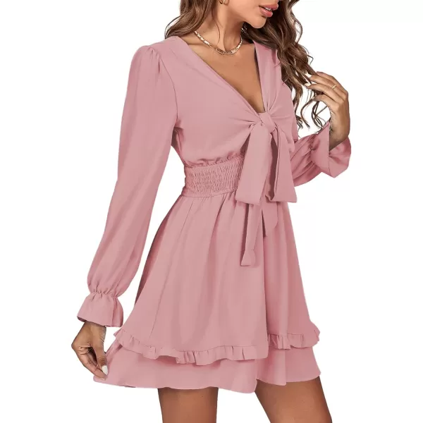 LYANER Women's Tie Front Plunge V Neck Ruffle Layer Long Sleeve Sexy Mini Dress