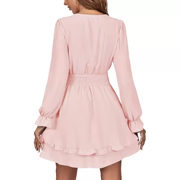 LYANER Women's Tie Front Plunge V Neck Ruffle Layer Long Sleeve Sexy Mini Dress