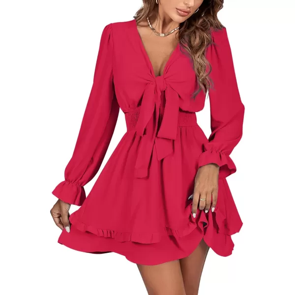 LYANER Women's Tie Front Plunge V Neck Ruffle Layer Long Sleeve Sexy Mini Dress