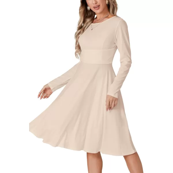 LYANER Women's Tie Front Waist Crew Neck Long Sleeve Pleated A Line Flared Midi Dress