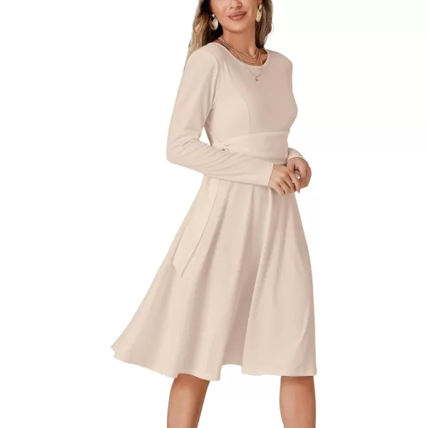LYANER Women's Tie Front Waist Crew Neck Long Sleeve Pleated A Line Flared Midi Dress