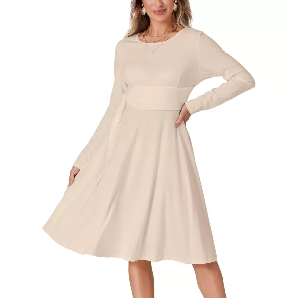 LYANER Women's Tie Front Waist Crew Neck Long Sleeve Pleated A Line Flared Midi Dress