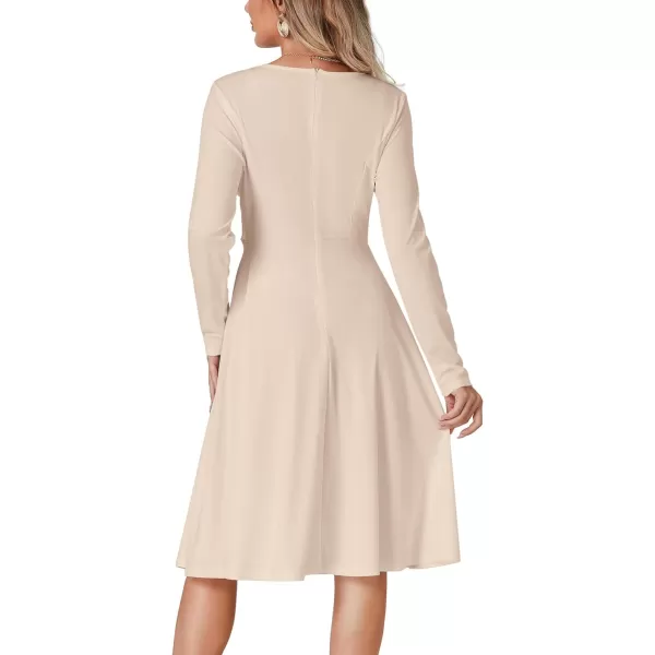 LYANER Women's Tie Front Waist Crew Neck Long Sleeve Pleated A Line Flared Midi Dress