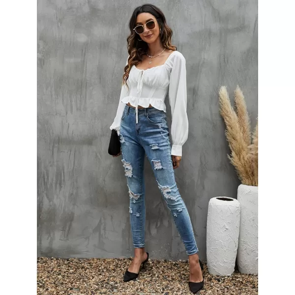 LYANER Women's Tie Knot V Neck Ruffle Trim Long Sleeve Shirred Crop Blouse Shirt Top