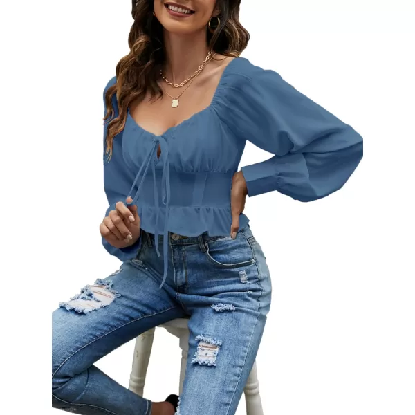 LYANER Women's Tie Knot V Neck Ruffle Trim Long Sleeve Shirred Crop Blouse Shirt Top
