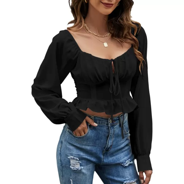 LYANER Women's Tie Knot V Neck Ruffle Trim Long Sleeve Shirred Crop Blouse Shirt Top