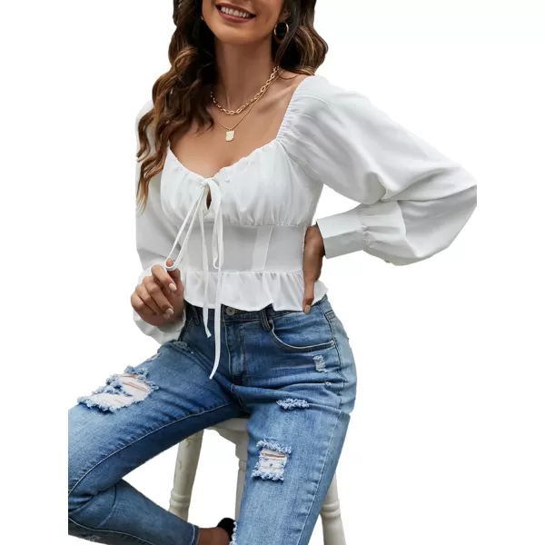 LYANER Women's Tie Knot V Neck Ruffle Trim Long Sleeve Shirred Crop Blouse Shirt Top