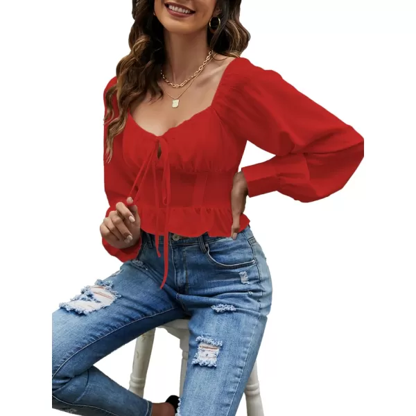LYANER Women's Tie Knot V Neck Ruffle Trim Long Sleeve Shirred Crop Blouse Shirt Top