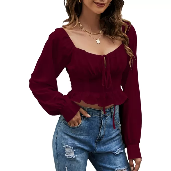 LYANER Women's Tie Knot V Neck Ruffle Trim Long Sleeve Shirred Crop Blouse Shirt Top