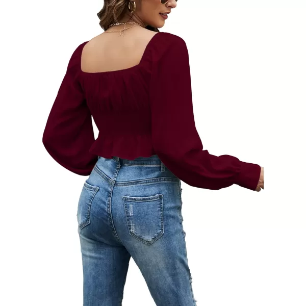 LYANER Women's Tie Knot V Neck Ruffle Trim Long Sleeve Shirred Crop Blouse Shirt Top