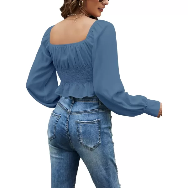 LYANER Women's Tie Knot V Neck Ruffle Trim Long Sleeve Shirred Crop Blouse Shirt Top