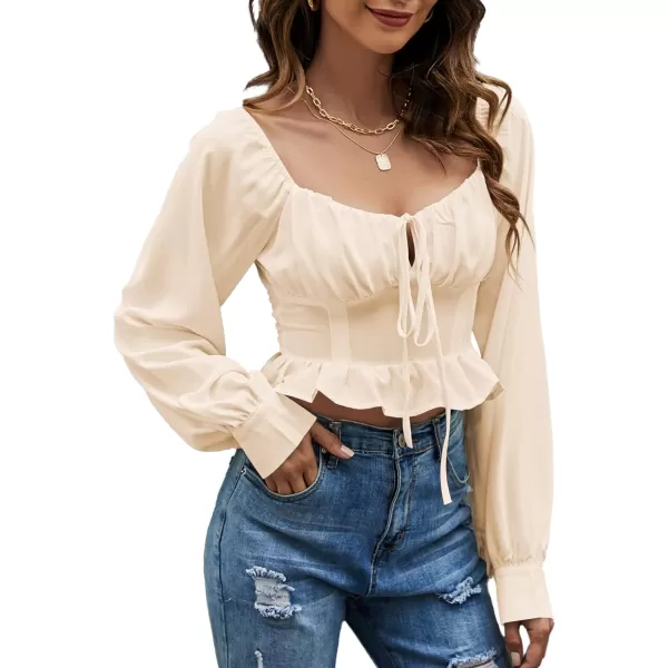 LYANER Women's Tie Knot V Neck Ruffle Trim Long Sleeve Shirred Crop Blouse Shirt Top