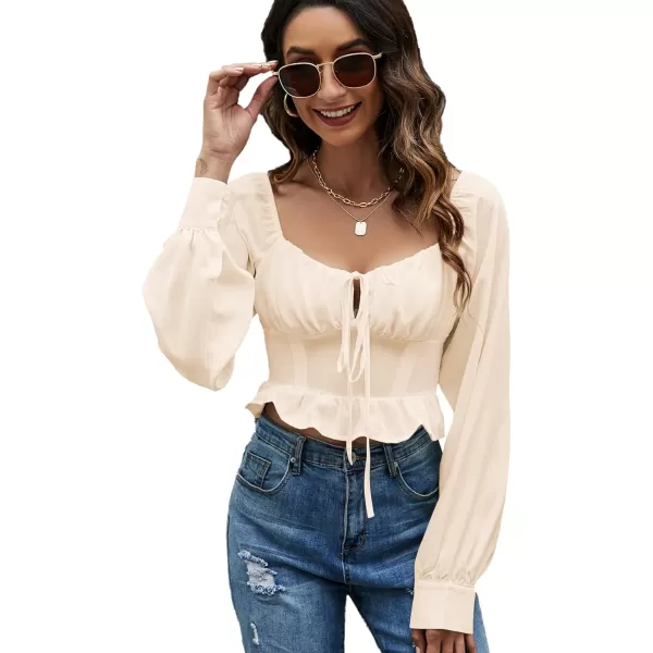 LYANER Women's Tie Knot V Neck Ruffle Trim Long Sleeve Shirred Crop Blouse Shirt Top