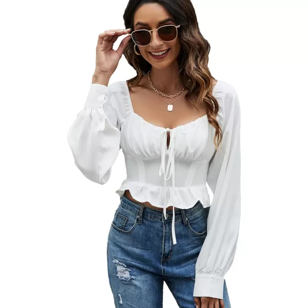 LYANER Women's Tie Knot V Neck Ruffle Trim Long Sleeve Shirred Crop Blouse Shirt Top