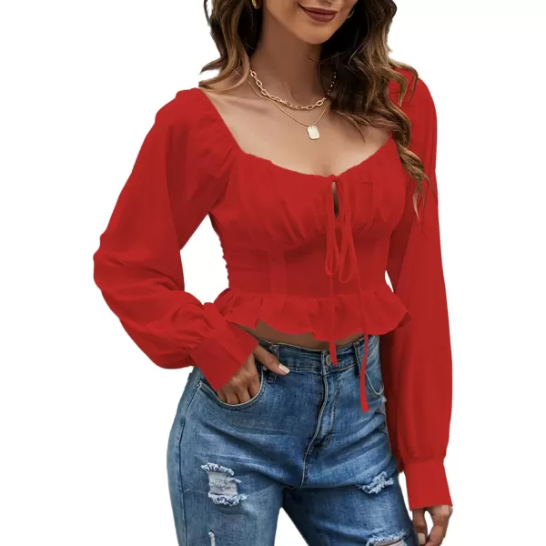 LYANER Women's Tie Knot V Neck Ruffle Trim Long Sleeve Shirred Crop Blouse Shirt Top