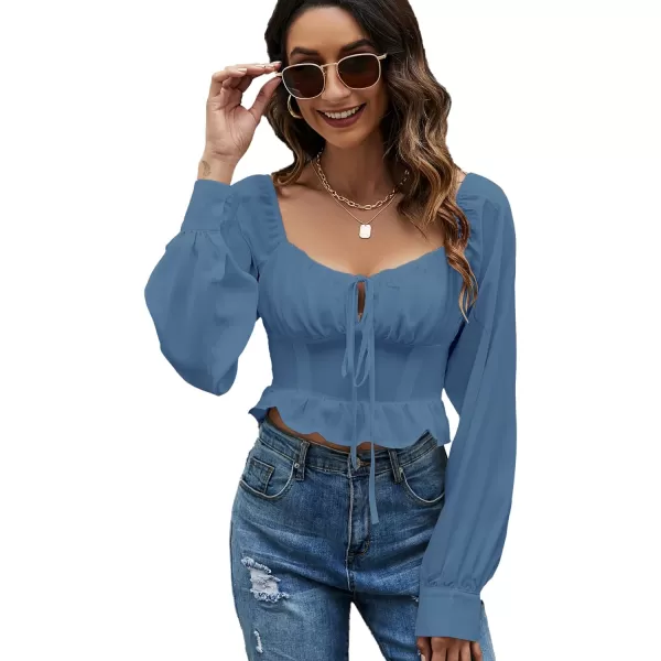 LYANER Women's Tie Knot V Neck Ruffle Trim Long Sleeve Shirred Crop Blouse Shirt Top