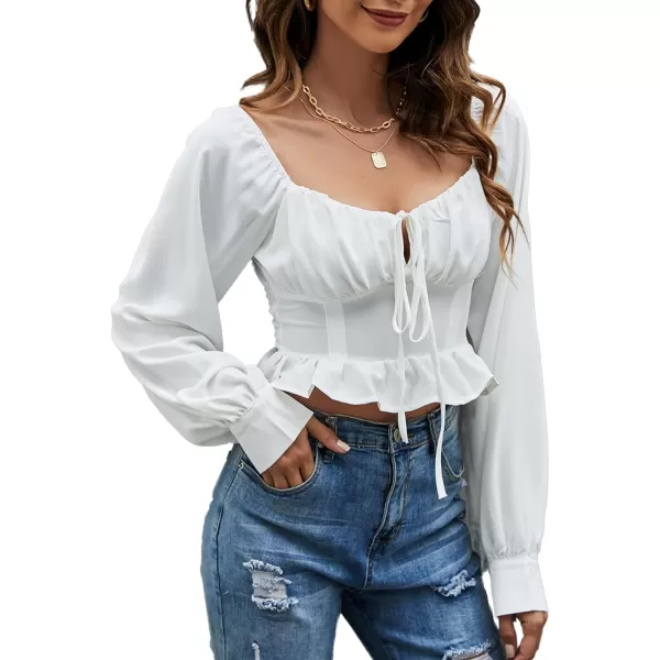 LYANER Women's Tie Knot V Neck Ruffle Trim Long Sleeve Shirred Crop Blouse Shirt Top