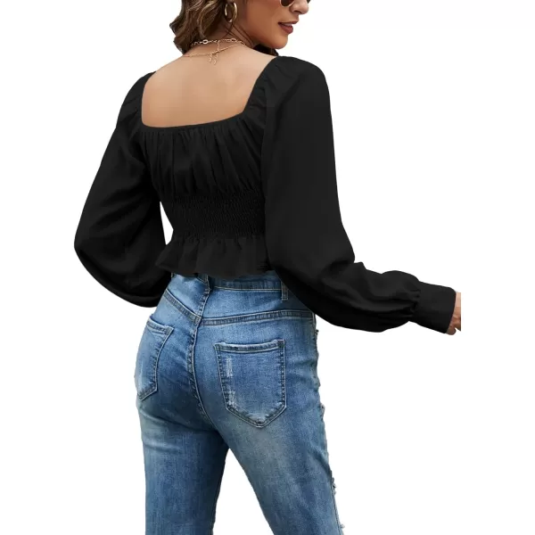 LYANER Women's Tie Knot V Neck Ruffle Trim Long Sleeve Shirred Crop Blouse Shirt Top